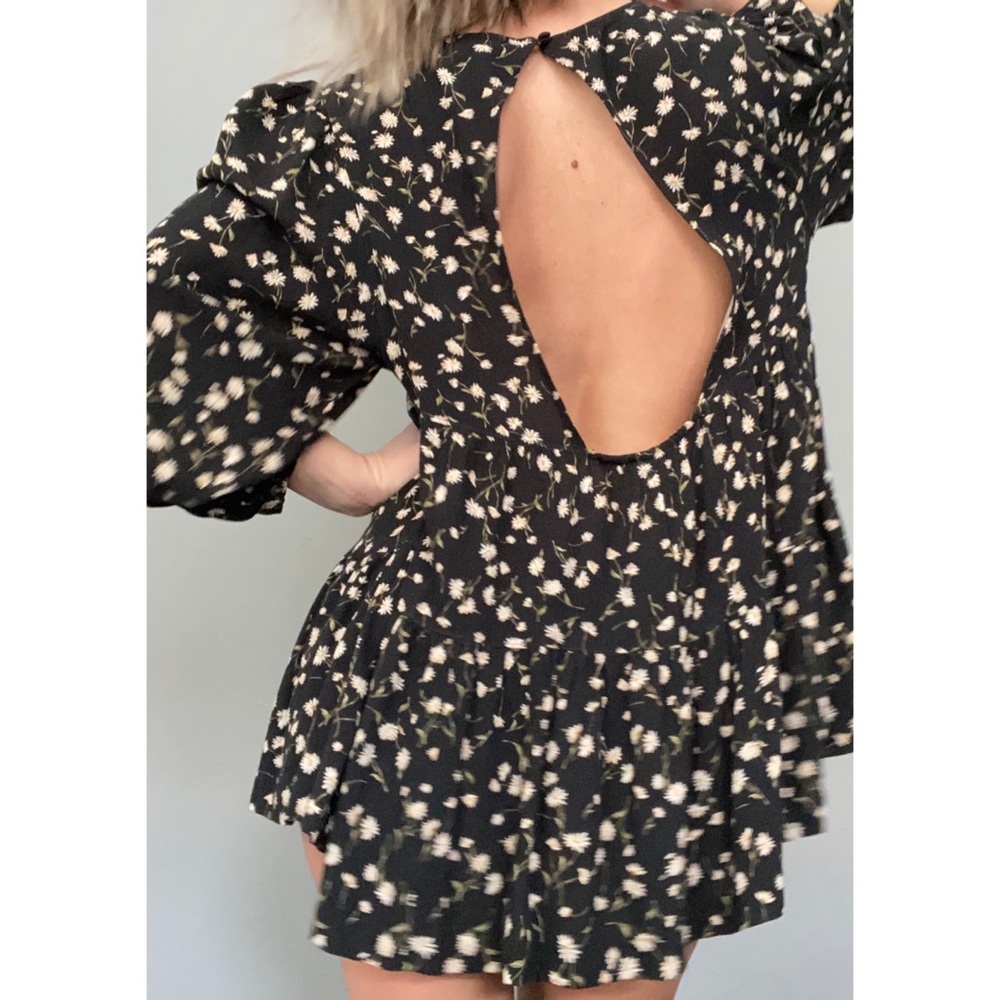 AE Black Floral Daisy Cut Out Hippie Peasant Top